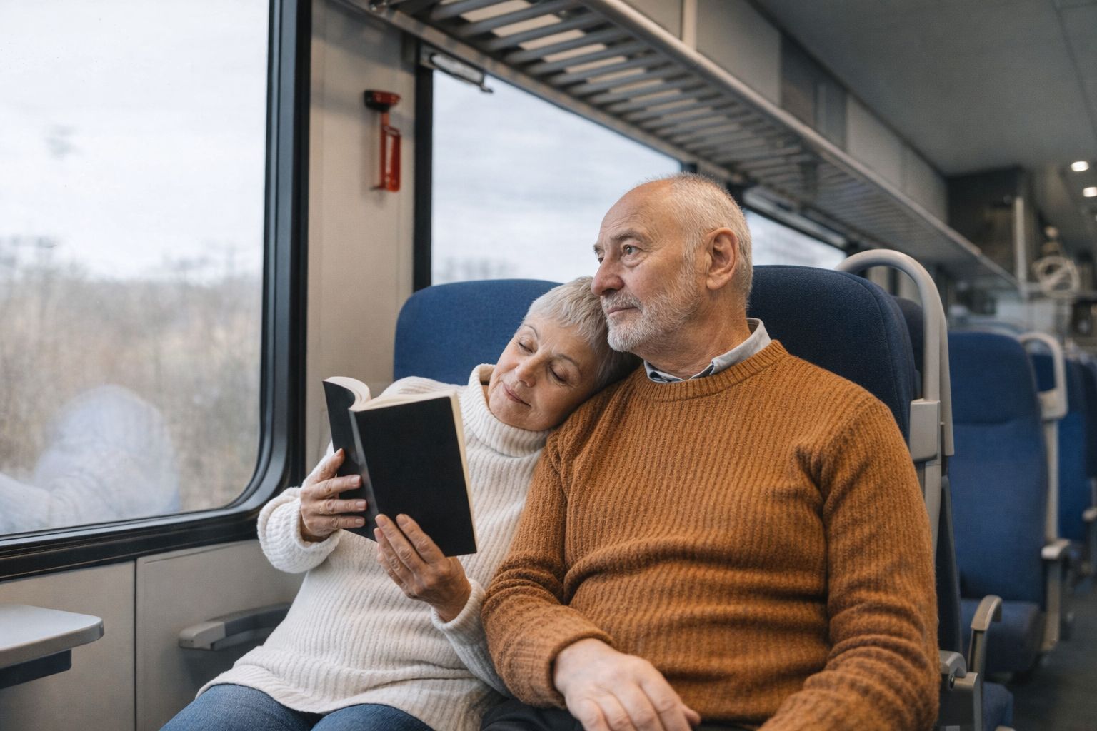 Ett äldre par reser med tåg och läser en bok tillsammans.
