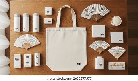 Tygpåse och reseprodukter från Muji arrangerade på ett träbord.